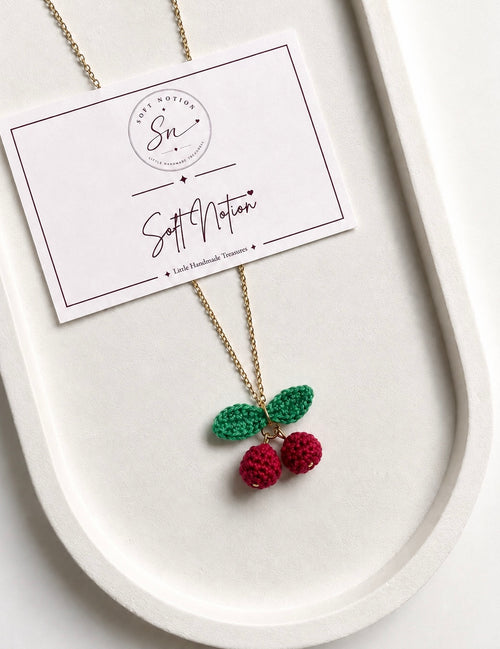Cherry Bloom handmade crochet cherry necklace by Soft Notion