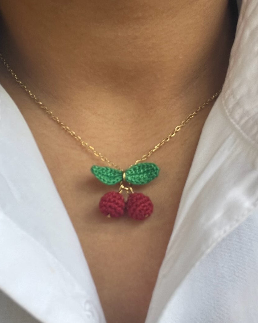Cherry Bloom crochet necklace with handmade cherry charms