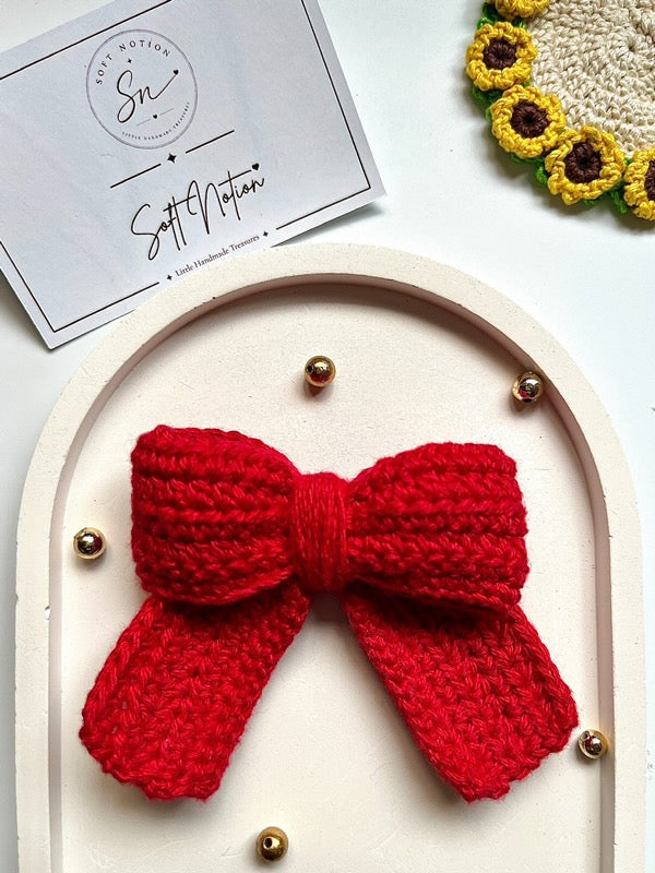 Handmade red crochet Scarlet Bow hair clip by Soft Notion