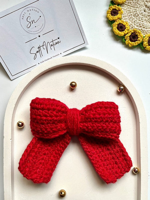 Handmade red crochet Scarlet Bow hair clip by Soft Notion